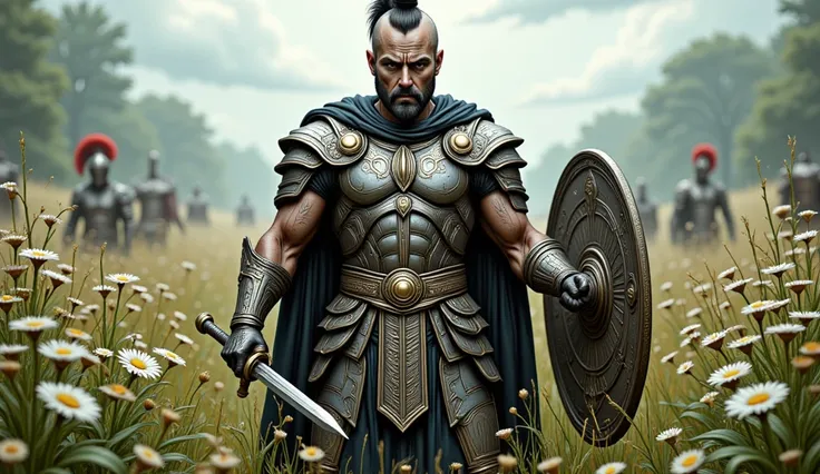 Wide view, Realistic cinematic scene. Ancient 
Rome culture, Green grassland flowers field natural background. The Roman Empire General in center if the chaotic battlefield, holding sword and shied, wearing intricate Rome detail armor. Golden Ancient runes...