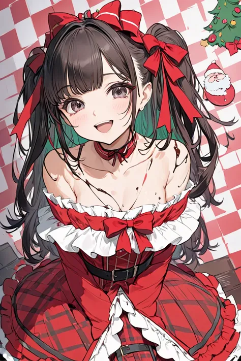 ((masterpiece)), (( top quality )), (messy line drawing :1.2), ( super detailed :1.2), (  high definition ), ( professional photography:1.2), (()),  Cinematic Writing, Cute 1 girl, Checked Santa Dress , ( off the shoulder dress ), Hoop Dress, Christmas cha...