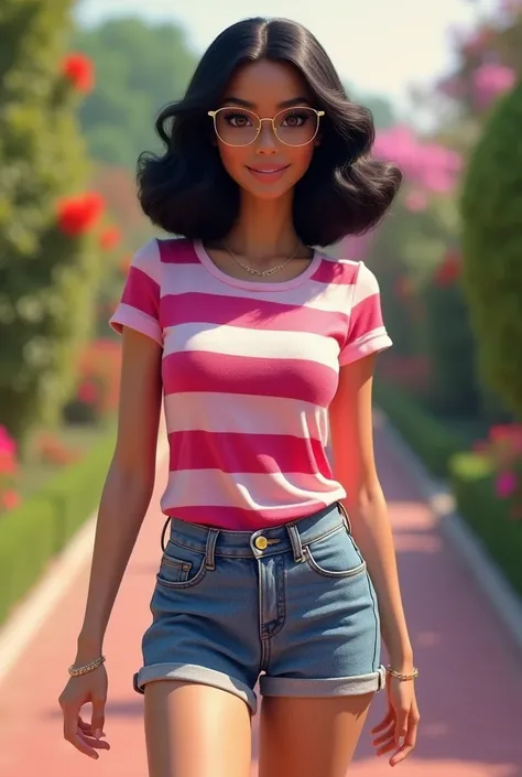  realistic image of a beautiful woman with medium hair, black and wavy at the ends ,  wearing gold-framed glasses ,  of a striped t-shirt in various shades of pink , short jeans,  skating through the gardens of Barbieland  