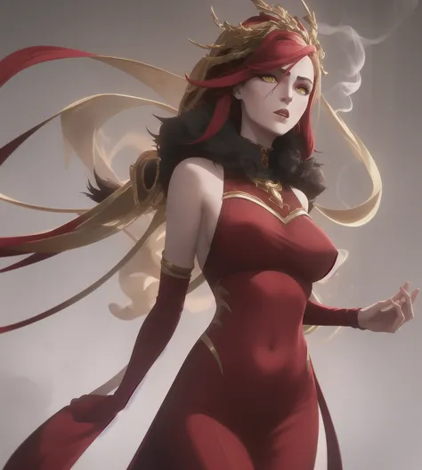 Style Arcane,Whole body ; enchantress with very long red hair ; pale skin ; yellow eyes ; wears golden and red elegant yet revealing dress ; golden and red jewelry. Surrounded by red power smoke.