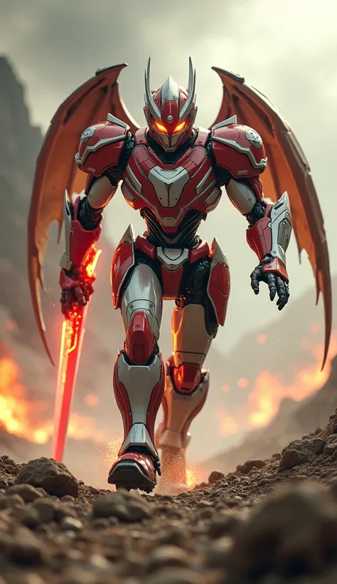 A hyper-realistic cinematic depiction of a humanoid robot inspired by a dragon, resembling a powerful warrior similar to a Power Ranger. The robots design features a combination of red and white armor plates, with intricate details resembling dragon scales...