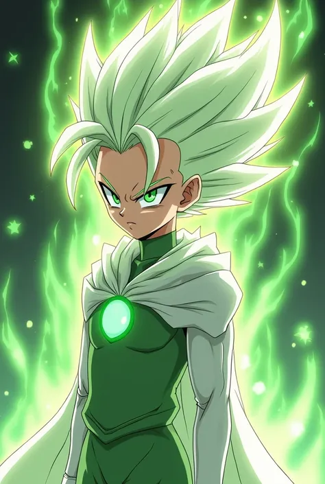 Create an image:  Imagine a unique character ,  fruit of the union between a Saiyan and Gardevoir .  This hybrid would have a truly fascinating aspect :

Hair:  The hair would be a combination of the classic Saiyan style ,  with thick and pointed locks ,  ...