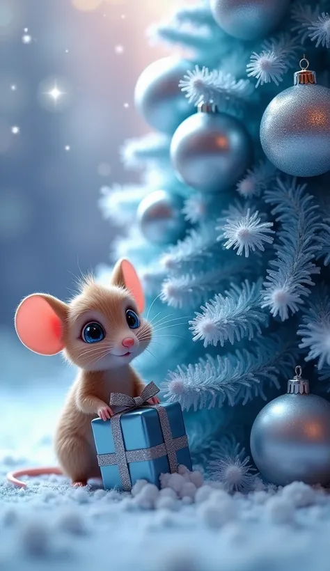  Close-up A fluffy blue Christmas tree with large silver-colored Christmas balls is on the left, next to the mouse ,  mimic , close-up with big eyes ,  holds a gift box, there are silver-purple shades