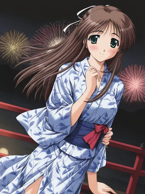 masterpiece, best quality, HinomoriAzusa, 1girl, solo, brown hair, long hair, green eyes, medium breasts, smile, blush, Japanese Yukata, firework, cinematic angle,