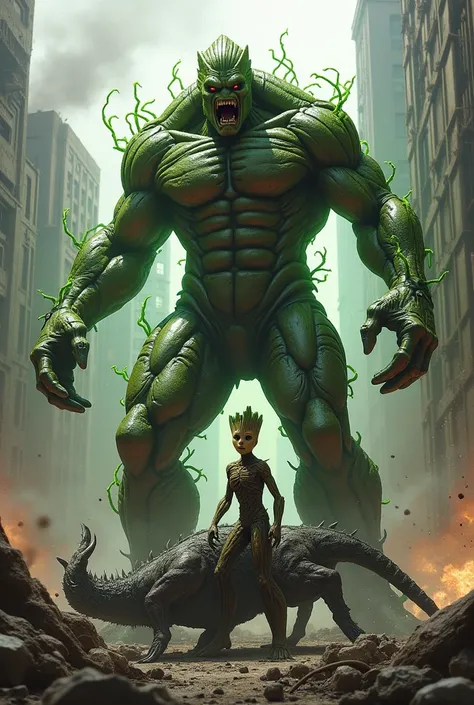 An intense battle scene in a post-apocalyptic cityscape. A towering, hulking Abomination, with his muscular, mutated form and ferocious expression, stands triumphantly over a defeated alien creature. The alien has a biomechanical design, with sharp edges a...