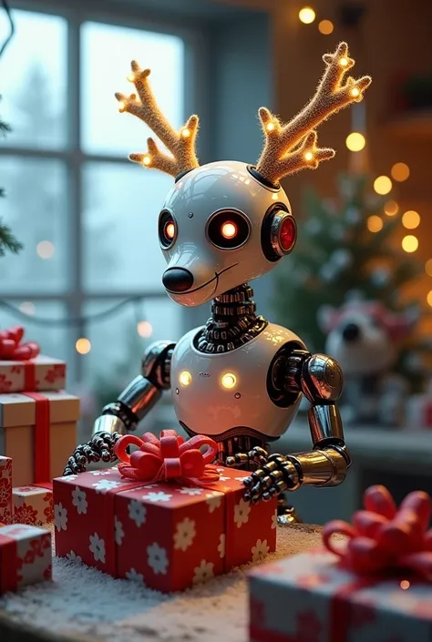 A robot that is a reindeer wrapping presents