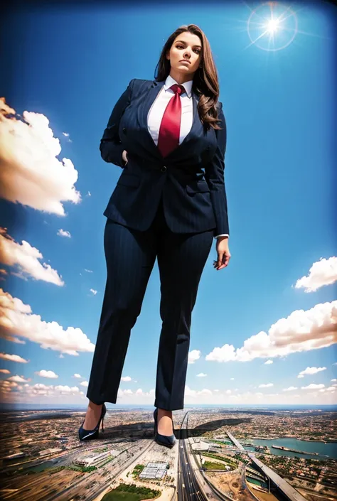 Looking up at the approaching young giantess from below, Giantess art, 500 miles tall giga giantess, young sophisticated and stylish woman in a black italian pinstriped trouser suit, form fitting crisp black office shirt, and a large wide blue necktie in a...