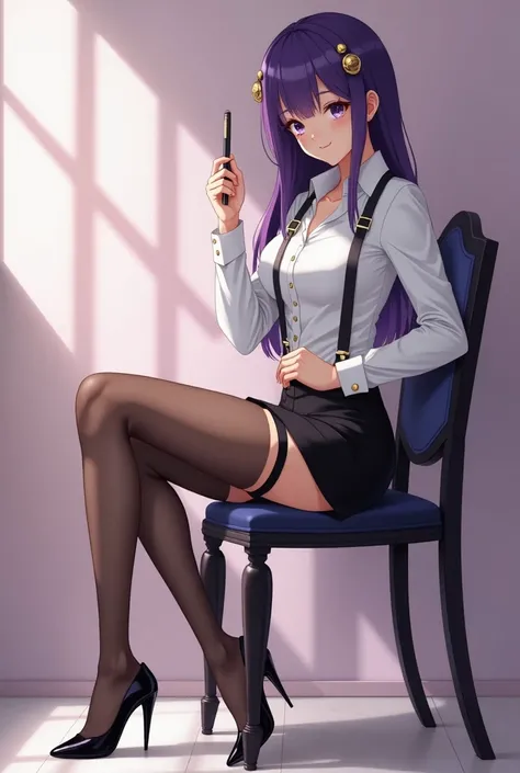 8K HDR resolution, women of genius
Neat and dyed purple hair ,  decorated with gold accessories .

 Sharp and attractive bluish-purple eyes .

 Wearing a formal white shirt with partially open buttons revealing black underwear.

 Wearing a short black skir...