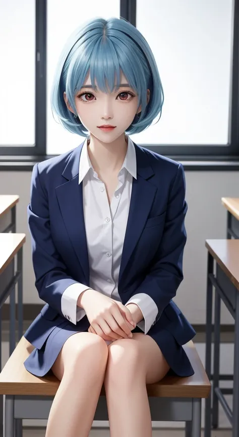 Rei Ayanami、uniform、classroom、Sit on a desk、 blue hair、 short hair、