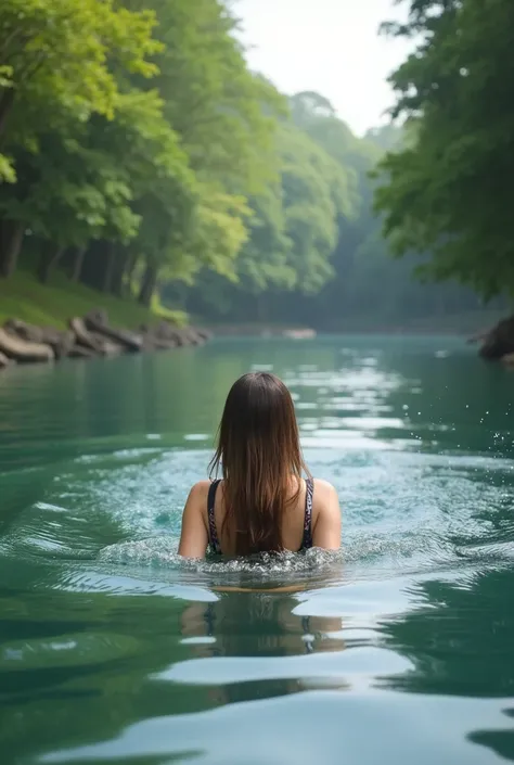 woman swimming on the river