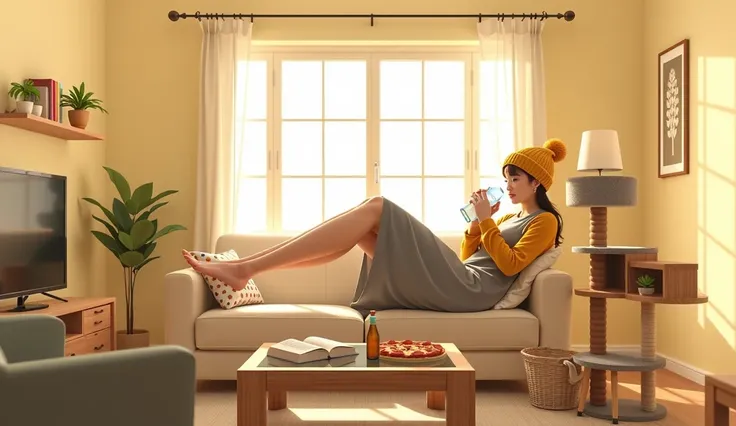 A cozy and brightly lit living room with a slim tall Chinese giantess sitting on a small black leather sofa. The woman has an imposing height and size, her extremely long legs stretched across the room, resting on a glass coffee table. She is wearing a gra...