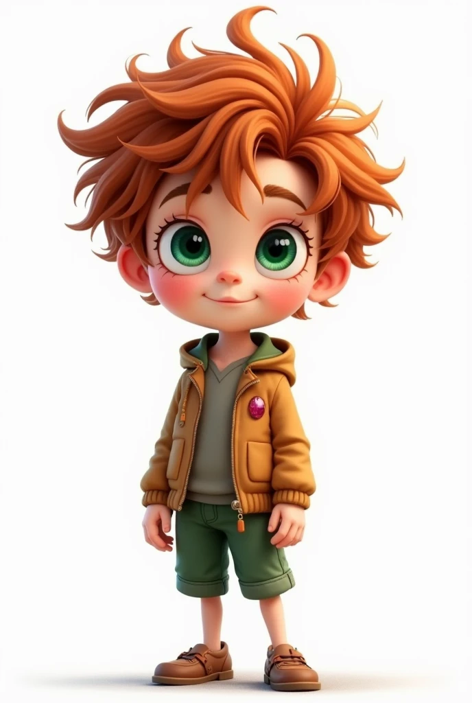 Boy with frizzy hair, by the ruby,  dark green eyes, light skin, delgado. Cartoon .  white background 