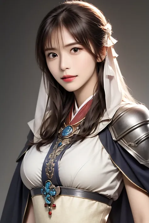 ((The upper body of a female warrior wearing silver and white armor and cloak:1.3)),1 person,  black hair,  belly shortcut   , clevis on a stone ,  highly detailed face and skin textures  ,  staring at the camera,   Chinese Warrior  ,  perfect beauty: 1.4,...