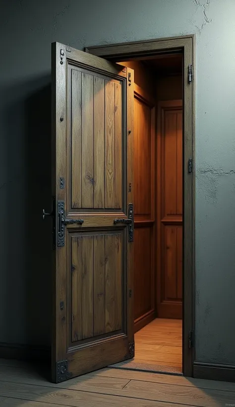 16K quality， ultra realistic style，Open the storage room door ，Close-up of a half-open storage room door