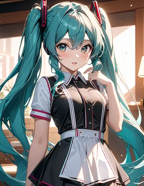  high school girl, ( Japanese anime style ),  cute, ( Hatsune Miku :1.5),  Cowboy Shot , masterpiece:1.5, masterpiece, highest quality, UHD, retina, masterpiece, accurate anatomy, super detailed, high quality, best quality, 8k