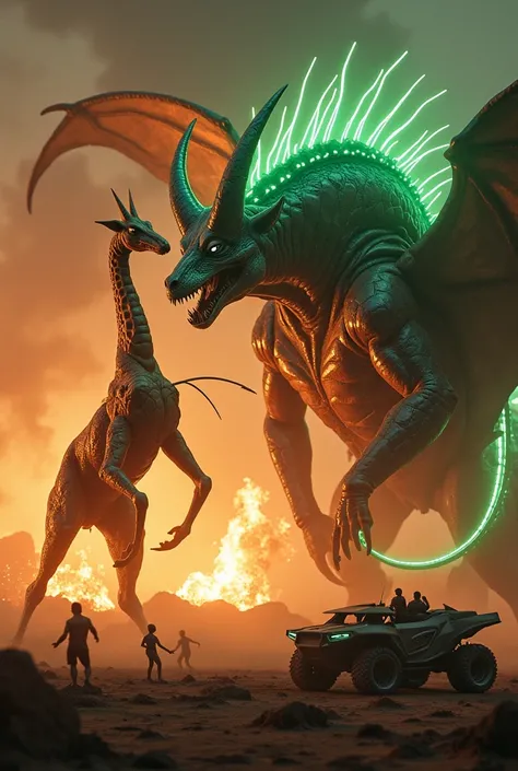 An ultra-realistic 4K image of an epic clash between a shark-bull alien hybrid and a dragon-giraffe alien hybrid. The shark-bull hybrid is a monstrous, glowing figure, with jagged bioluminescent horns and thick, glowing metallic skin. It charges with bruta...