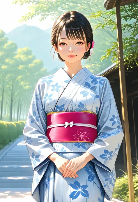  woman wearing a beautiful traditional Japanese yukata、 Graceful Pose 、 fine facial features、Fine hair、 fine kimono pattern 、Intricate obi 、Natural lighting、 soft pastel color 、 High Quality 、Fine art、Photorealistic