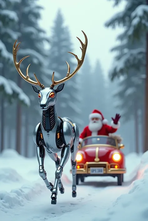 a robot that is a reindeer that runs fast and is pulling Santa Claus car 