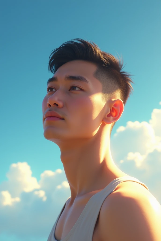 Man with short hair, sun light, blue sky