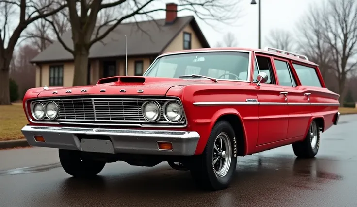 A classic red Ford Rambler wagon muscle car with a bold and aggressive front design, featuring chrome accents, dual headlights, a wide grille, and retro-style wheels. The car is parked outdoors on a wet road, surrounded by bare trees and a vintage house in...