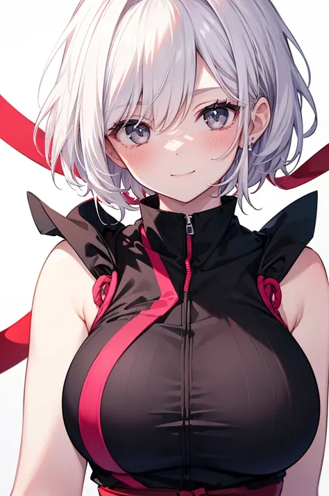 Masterpiece, ((1 girl)), ((Best Quality)), (Ultra-detailed), Highly detailed, (Portrait), ((Big breasts)), ((Short hair, White hair, Black eyes)), ((30-years-old, Mature women)), ((White Skin)), ((Black ninja clothes, Sleeveless Ninja clothes)), Daytime, (...