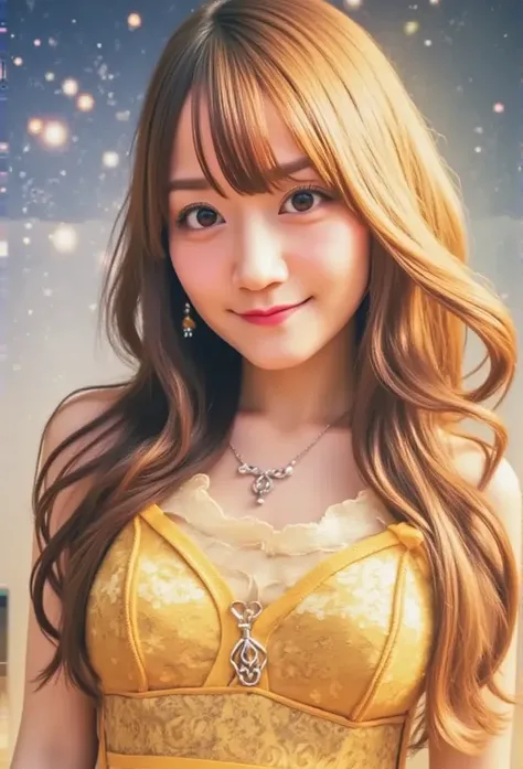  girl,  flowing golden blonde hair ,  yellow eyes, Golden Imperial Costume, Neckline, Anime, The background is a clear sky with twinkling stars,  dynamic angle, Derisive laughter