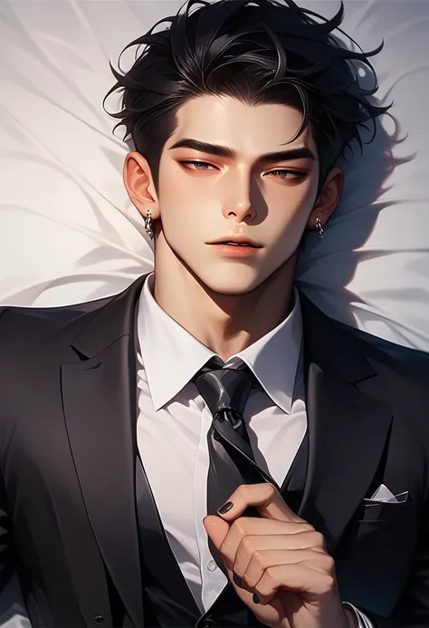 (score_9, score_8_up), score_7_up, short hair, shirt, black hair, 1boy, jewelry, jacket, white shirt, upper body, male focus, earrings, lying, parted lips, necktie,focus, collared shirt, on back, nail polish, black jacket, suit, black nails, black necktie,...