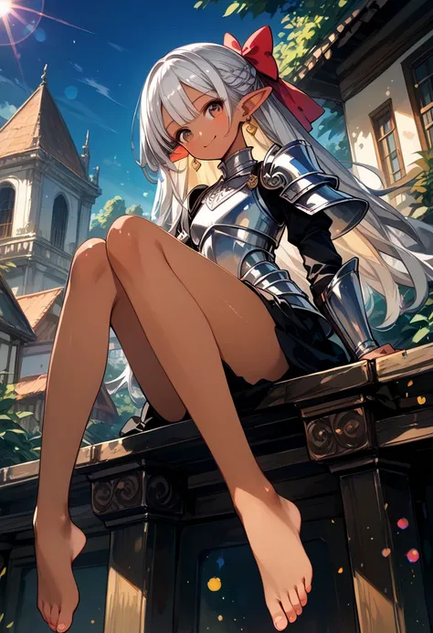 score_9, score_8_up,score_7_up,1 girl,solo,,(woman,dark brown skin, elf, long hair, silver hair, brown eyes, knight armor, hair bow, scheming smile, earrings,bare foot),(bad smile:1.5),skinny
,outdoor
(Rembrandt lighting, colorful reaction, lens flare, blo...