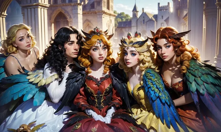 fantasy setting. close up. standing bunched in together in the middle of the picture. ((only 2 unique lovely harpy princesses:1.5)), unique personalities, ((unique expression on face:1.5)), (((unique natural hair colored:1.5))), ((red hair)), ((blond hair)...