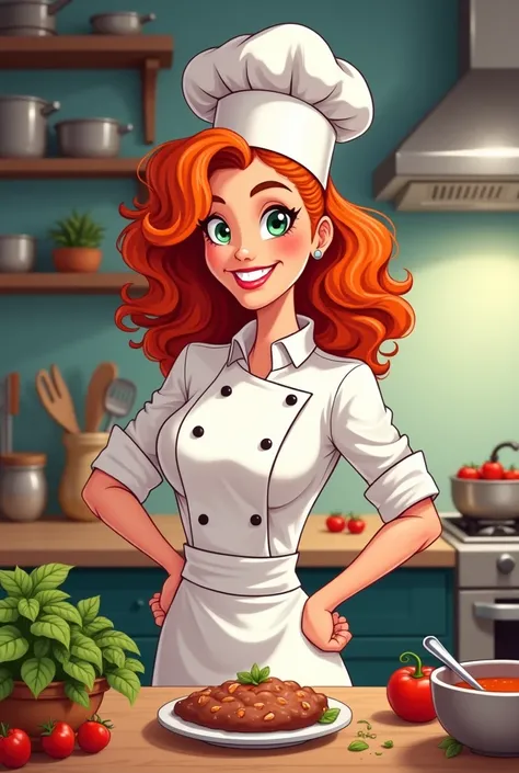 Create in Cartoon Style with the Following Features, A chef, woman,  red hair, curly, white ethnicity