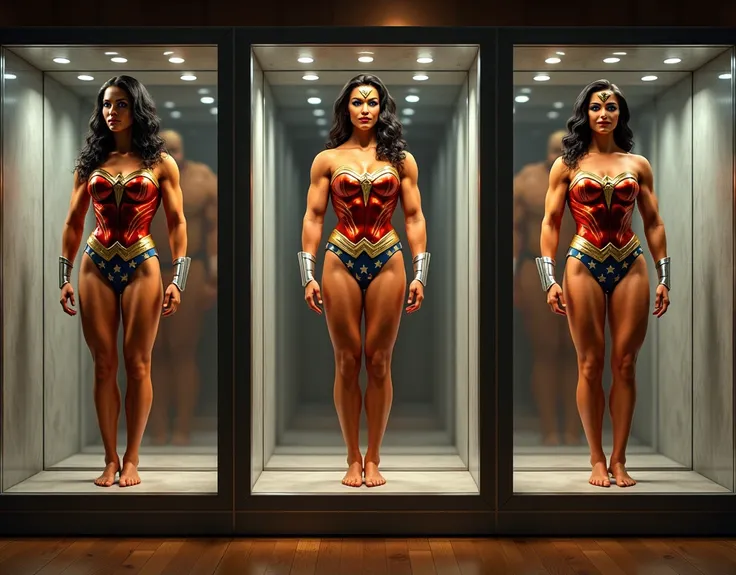 three giant display cases .  In each cabinet there is a female bodybuilder in a bikini,  the bikinis are variations of the Wonder Woman costume , (( extremely large breasts :5.0)), ((muscular:4.0), six-pack abs, smile,  tender look, (( small waist)),  tan ...