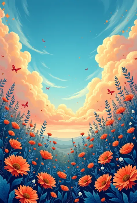 An illustration-style garden in 8k ,  with flowers in all styles in the colors orange and blue ,  in the background a beautiful and spectacular sky  , 