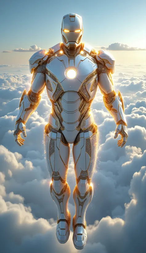 High Resolution, Masterpiece, Award Winning, Ironman glitter white and golden colour costume realistic shining and fly in sky 