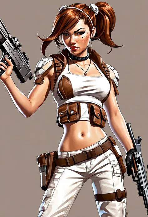 an image of an animation character holding a gun, in the style of womancore, comic art, realistic oil paintings, xbox 360 graphics, exotic realism, white and brown, bold manga lines --ar 71:128 --stylize 750 --v 6
 