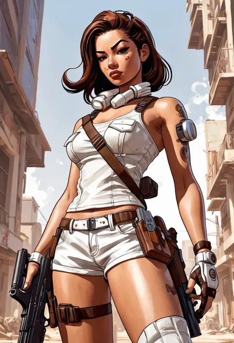 an image of an animation character holding a gun, in the style of womancore, comic art, realistic oil paintings, xbox 360 graphics, exotic realism, white and brown, bold manga lines --ar 71:128 --stylize 750 --v 6
 