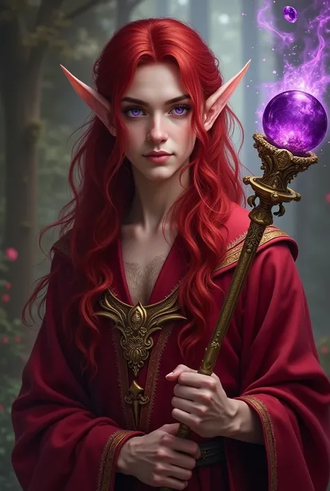 male Druid elf king with blood-colored red hair violet eyes ,  delicate and youthful appearance and red robes with gold details and a powerful staff with a purple amethyst sphere on the tip filled with magic.  