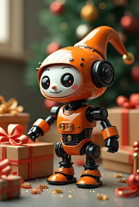 Robot that is a leprechaun and is wrapping gifts but that is orange,  black and white