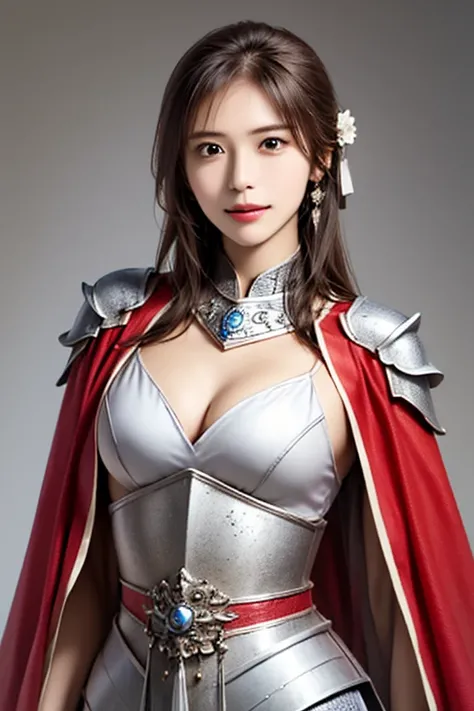 ((The upper body of a female warrior wearing silver and white armor and cloak:1.3)),1 person,  black hair,  belly shortcut ,Cleavage , highly detailed face and skin textures  ,  staring at the camera,   Chinese Warrior  ,  perfect beauty: 1.4, fine grain, ...