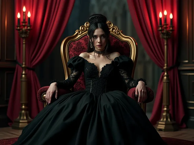 Gothic princess dressed all in luxurious black in her armchair at night in the castle with velvety red curtains illuminated by black candles, melancholic climate,  high definition , 4K