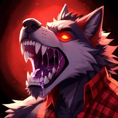 Furry male anthropomorphic wolf wed red glowing eyes red plaid shirt purple liquid leaking out of mouth 