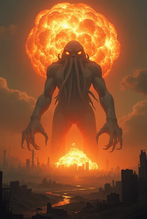 create image " 57 million megaton nuclear bomb explodes to destroy the cthulhu monster 