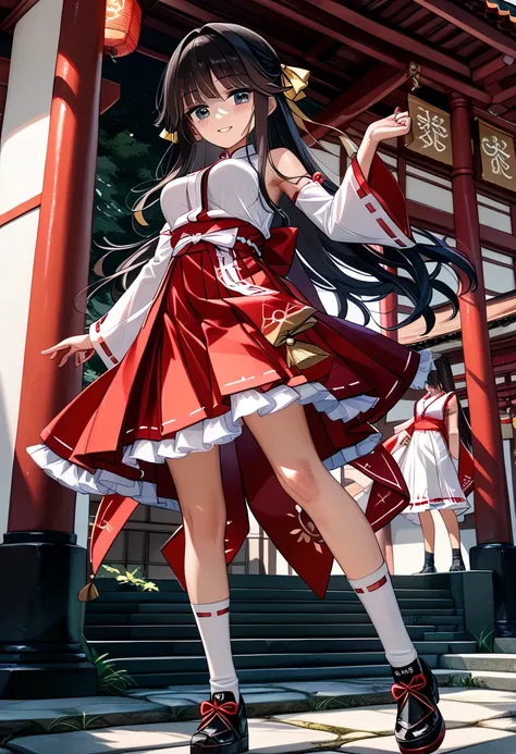 Prompt:girl,(long hair),(highlight:1.5),standing,((sun,noon)),((hakurei shrine:1.5)),((put on have a red big ribbon on your hair ribbon1.5)),((red miko clothes:1.5)),((red miko clothes frill skirt:1.5)),((put on have a red thin hair cufflinks on your bangs...