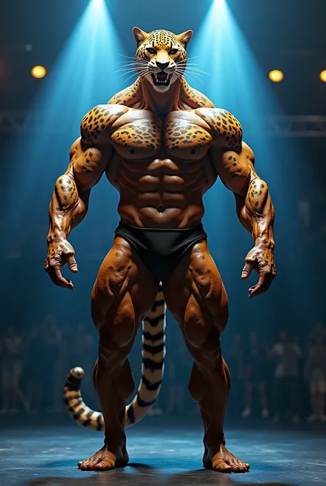  An anthropomorphic figure with characteristics of a leopard . The figure must be something and have an extremely muscular bodybuilder body, with arms, well-defined legs and torso ,   showing off its muscles similar to a bodybuilder.  The head must be of a...