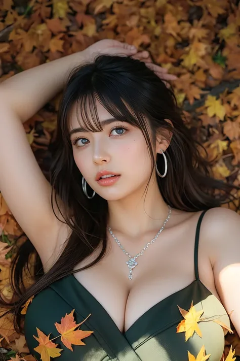 HDR photo of woman, from above, lying on the ground on a pile of autumn leaves, wearing a low cut spaghetti strap dress, diamond necklace, diamond hoop earrings, diamond bracelet, elegant, sexy, long tousled brunette hair, lips slightly open . High dynamic...