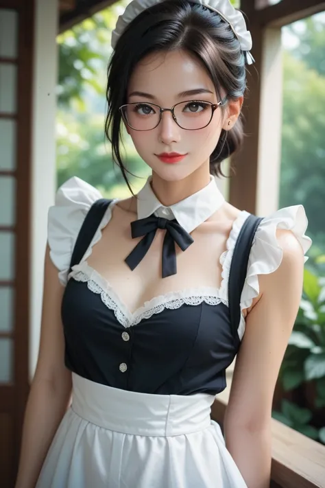 Maid、Glasses、 slender、smile、 beauty、 black hair、 ponytail