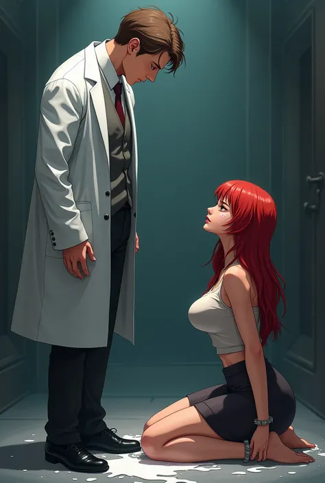 Tall and thin man, doctor, standing, proud, arrogant,  short brown hair  ,  looking down at redhead kneeling on the floor big boobs fitness secretary handcuffed proud but humiliated submissive anime tsundere watching him submissively kneeling before him, E...