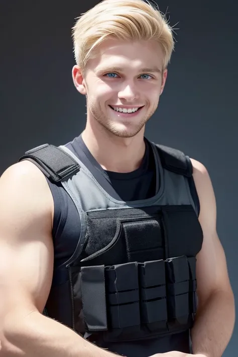 Man with a sweet face, blond hair, blue eyes, sports cut, front face, black, sleeveless, tactical vest, wearing a shoulder sticking out, showing cheerful teeth, smiling face, man in his 30s