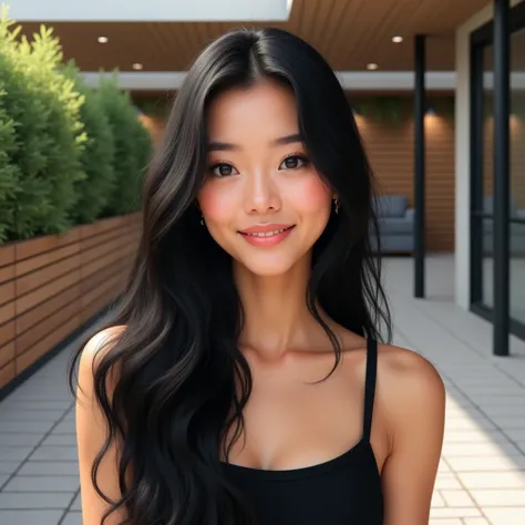 Create a highly detailed and realistic digital portrait of a young woman with long, silky, jet-black hair cascading over her shoulders and chest. She has a natural, glowing complexion, smooth skin, and subtle makeup with soft eyebrows, eyeliner, and nude l...