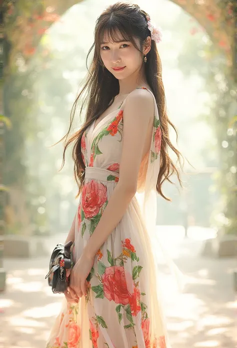 Elegant East-Asian woman, long flowing black hair with soft curls, wearing a white floral summer dress with red and green flower patterns, matching flower hair accessory, delicate earrings, holding a black handbag with a bow detail, standing gracefully, so...