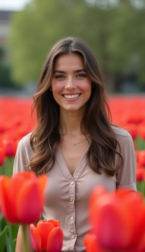 A 35-year-old woman smiling near a vibrant red tulip garden, wearing a buttoned-up top.